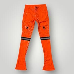 TEHO Clothing Brand Orange Reflective Cargo Pants Size 29 Glossy Vinyl Flare Leg